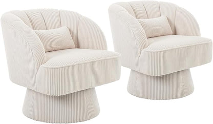 GarveeHome Modern Swivel Barrel Accent Chair, 360° Velvet Upholstered Armchair with Striped Backrest & Plush Padding, Comfy Round Lounge Chair (1, Beige + Corduroy)