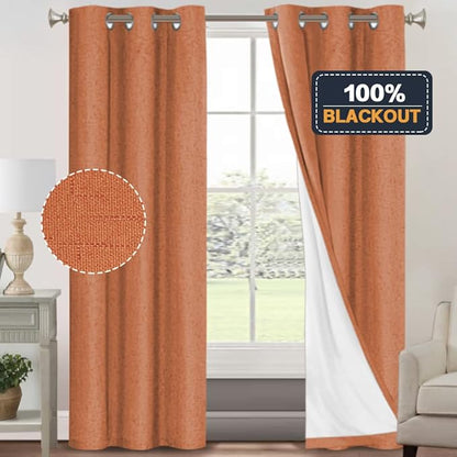 PrinceDeco 100% Blackout Curtains 84 inch Length 2 Panels Set Anti-Rust Grommet Linen Textured Curtains for Bedroom Solid Full Blackout Thermal Insulated with White Liner, Orange, 42" W x 84" L