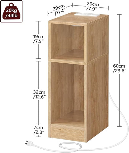 Narrow Nightstand, Slim End Table with Charging Station and LED Sensor Light, Modern Side Table, Bedside Table, for Small Spaces, Living Room, Bedroom, Natural ETNA25E01