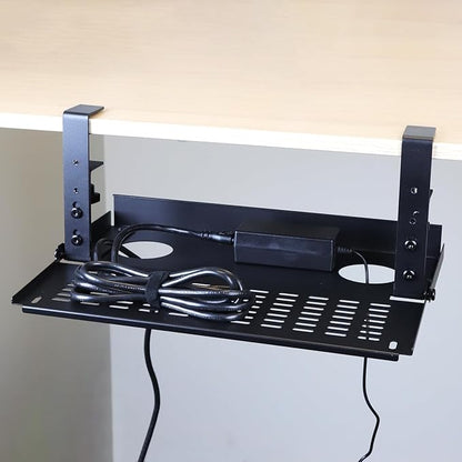 AEONS Universal Under Desk Cable Management Tray-Clamp Mount Hinged Swing Modesty Panel Organizer for Office Desks, Easy Access Flip-Down Position Power Strip Cord Storage No-Drill, 25 lb Capacity