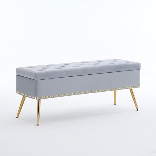 Velvet Storage Bench with Gold Legs& Nailhead Trim, 46" Wide Upholstered Modern Bedroom Bench for End of Bed, Tufted Ottoman for Entryway Living Room Dining Room (Gray, 46" Wide)