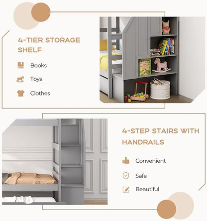 KOTEK Twin Over Twin Bunk Bed with Trundle and Stairs, Solid Wood Bunk Bed Frame with Storage Shelf, Bunk Beds Detachable into 2 Platform Beds for Kids Teens Adults (Grey)