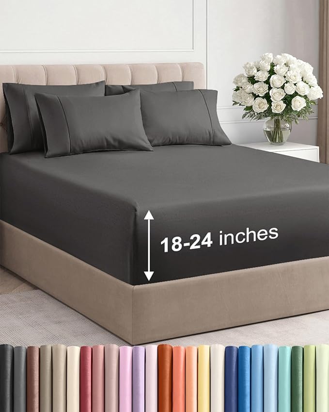 Extra Deep Cal King Sheet Set - 6 Piece Breathable and Cooling Sheets - Hotel Luxury Bed Sheets Set - Easy Fit - Soft, Wrinkle Free and Comfy Sheets Set - Charcoal Sheet Set with Extra Deep Pockets