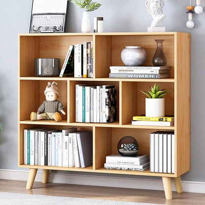 IOTXY Wooden Open Shelf Bookcase - 3-Tier Floor Standing Display Cabinet Rack with Legs, 7 Cubes Bookshelf, Pear Yellow
