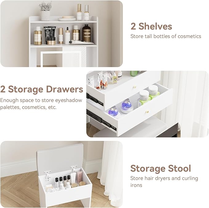 ARTETHYS Small Vanity Desk Set with 3 Adjustable Lighted Mirror and Storage Chair Mini Makeup Vanities Set for Compact Space White Dressing Table with Fold-up Panel for Bedroom