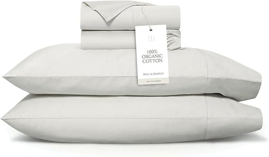 BOLL & BRANCH Signature Hemmed Sheet Set - Split King, Mist - Luxury 100% Organic Cotton - Includes 1 Flat, 2 Fitted, 2 Pillowcases - Buttery Soft