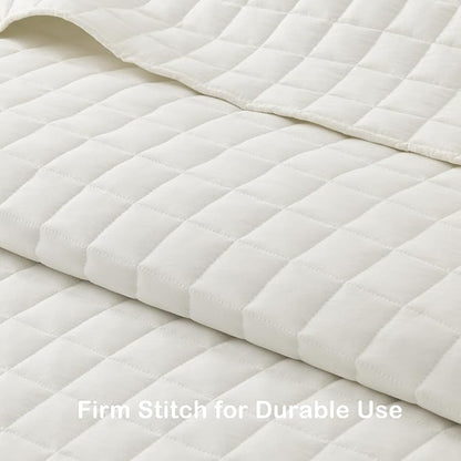 HORIMOTE HOME Ivory Ruffled Quilt Set Queen Size, Classic Geometric Square Stitched Pattern, Pre-Washed Farmhouse Shabby Chic Microfiber Lightweight Bedding Set Bedspread Coverlet for All Season
