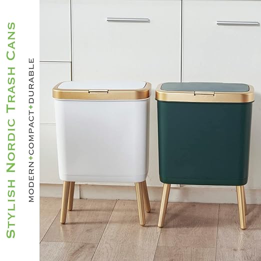 Procade Bathroom Trash Can with Lid, Plastic Garbage Can with Legs, 4 Gallon Gold Trash Bin with Push Button, Narrow White Trash Can Waste Basket for Bedroom, Living Room,Office，Dog Proof Trash Bin