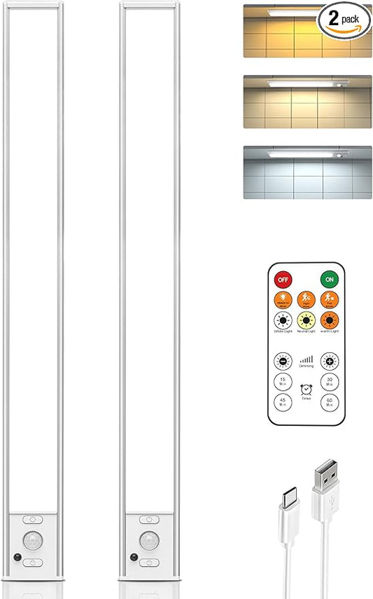 16in Under Cabinet Lighting with Remote, 160 LED Motion Sensor Light Indoor, 4000mAh USB Rechargeable Closet Lights, 3 Color Temps Wireless Under Counter Lights for Kitchen, Pantry, Stair, 2 Pack