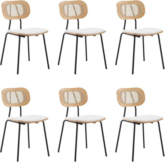 HEAH-YO Dining Chairs Set of 6, Upholstered Faux Leather Rattan Dining Chairs with Backrest and Metal Legs, Armless Kitchen Rattan Chairs for Dining Room, White