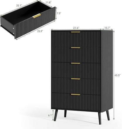 LYNSOM Fluted 5 Drawers Dresser, 45" Tall Modern Chest of Drawers with Curved Profile Design and Metal Handle, Wood Drawer Organizer for Bedroom, Living Room, Hallway, Entryway, Black