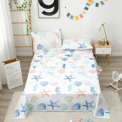 JSD Beach Theme Kids Sheet Set Twin, 3 Piece Starfish Jellyfish Coastal Summer Microfiber Bed Sheets Deep Pocket