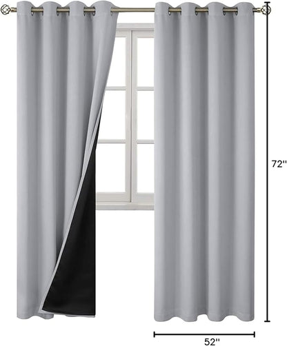 BGment 100% Blackout Curtains for Bedroom with Black Liner, Thermal Insulated Thick Double Layers Total Light Blocking Grommet Window Curtains 72 Inch Length 2 Panels Set (52 x 72 Inch, Light Grey)