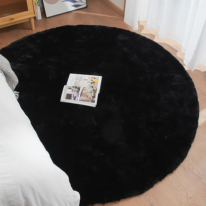 Black Rabbit Shaggy Fur Rug for Bedroom Washable Furry Circle Area Rugs for Living Room Kids Small Round Rug 3ft Nursery Rug