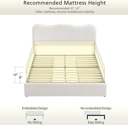 VELOCAVA Full Size Storage Bed with 4 Drawers, Modern Upholstered Bouclé Platform Frame with Curved Headboard, Rounded Corners, Wood Slats, No Box Spring Needed, Cream White
