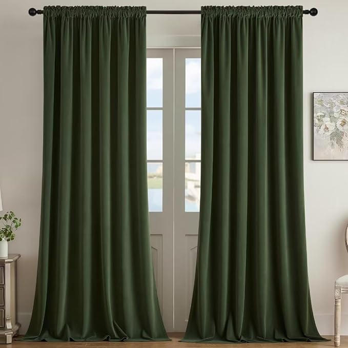 Joydeco Dark Olive Velvet Curtains 120 inch Length 2 Panels, Luxury Blackout Rod Pocket Thermal Insulated Window Curtains, Super Soft Room Darkening Drapes for Living Room Bedroom,W52 x L120 inches