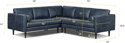 Poly & BARK Napa 98” Leather Corner Sectional Sofa – Full-Grain Italian-Tanned Aniline Leather, Feather-Down Comfort, Solid Wood Frame – Nightfall Blue