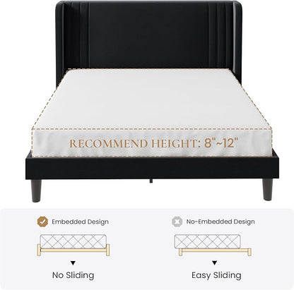 SHA CERLIN Queen Size Velvet Upholstered Platform Bed Frame with Vertical Channel Tufted Wingback Headboard, Wooden Slats Support, Easy Assembly, Under Bed Storage, No Box Spring Required, Black