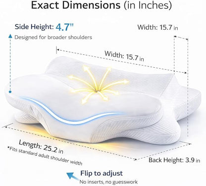 Butterfly Cervical Pillow for Side Sleepers, Dual Height Neck Support Pillow (4.7”/3.9”), Ergonomic Memory Foam Pillow for Shoulder Support, Washable Cove