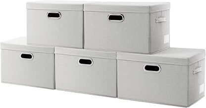 PRANDOM Large Collapsible Storage Containers with Lids [5-Pack] Fabric Foldable Storage Bins Boxes Organizer Baskets Cube with Cover for Home Bedroom Closet Office Beige(17.3x11.8x11.8)