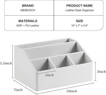 MEIBOOCH PU Leather Desk Organizer, Luxury Remote Control Holder for Home, Office Desk Accessories Table Caddy Bedside Nightstand Organizer (White)