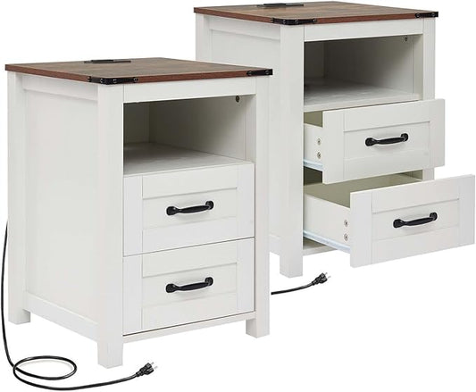 Puntogen White Night Stand Set of 2, Rustic End Table with Charging Station, Farmhouse Tall Nightstand for Bedroom, Drawer Dresser Bedside Table with Open Storage Shelf