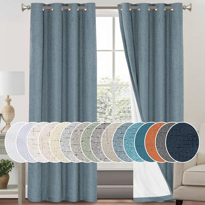 PrinceDeco 100% Blackout Linen Textured Curtains for Living Room Black Out Curtains 96 Inch Long 2 Panels Set Grommet Room Darkening Curtains & Drapes Boho Home Decor for Bedroom,52 X 96In,Stone Blue