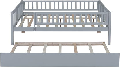 Bellemave Full Size Bed Frames with Rails for Kids, Full daybed Frame with Trundle for Boys/Girls/Adults， Gray