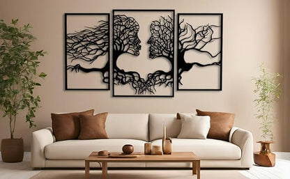 VAILLA Tree of Life Wall Wooden Art Abstract Tree Man Woman Face Large 3D Wooden Wall Decor Set of 3 Hanging Sculpture Modern Home Decoration 3D Textured Sculptures for Living Room Bedroom Office Dinnig Room