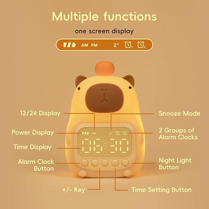 Capybara Alarm Clock with Night Light for Kids, Cute Toddler Alarm Clocks for Bedrooms Ok to Wake Clocks for Girls and Boys, Silicone Animal Tabletop Lamp for Kid, RGB Color
