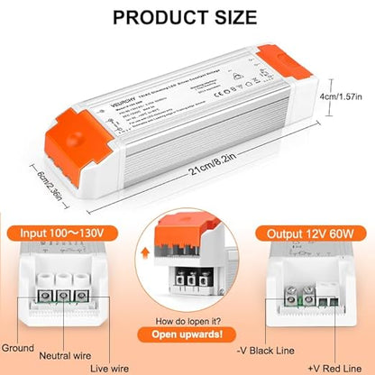 60W Dimmable LED Driver 12V DC Triac Constant Transformer, 120V AC to 12 Volt DC Lighting Low Voltage Power Supply, LED Light Transformer for Kitchens, Cabinets, Bedrooms 2 Pack