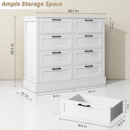 Odeekea White Dresser for Bedroom, Wood Dresser with 8 Drawers, Chest of Drawer for Bedroom Living Room Entryway Hallway, Modern Farmhouse Style