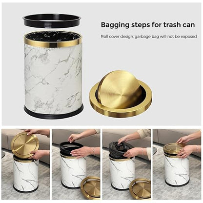 4 Gallon Bathroom Trash Can with Swing Lid, White Gold Garbage Can, White Marble Leather Waste Basket, for Bedroom Kitchen Powder Room (Marble)