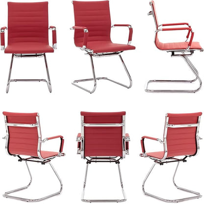 Wahson Office Guest Chairs Set of 10, Leather Reception Chairs, Mid Back Waiting Room Chair, Conference Chairs with Sled Base, Desk Chair No Wheels for Meeting/Lobby/Restroom, Dark Red