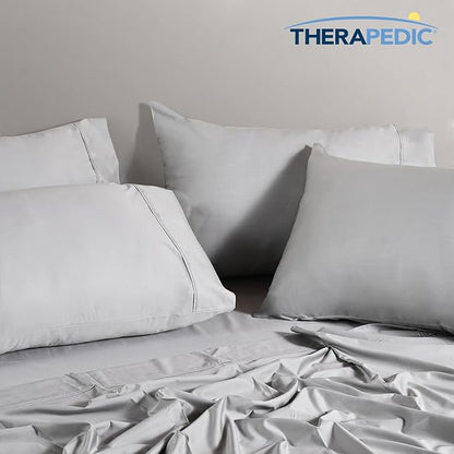 Therapedic 1000TC Queen 6-Piece Sheet Set - 100% Organic Rayon Derived from Bamboo Blend with Cooling Fiber, Ideal for Hot Sleepers - 16" Deep Pocket Fitted Sheet, Bonus Pillowcases - Light Grey