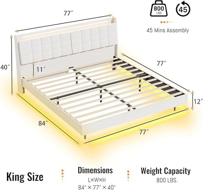 Floating King Size Bed Frame with RGB LED Lights & Charging Station, Upholstered Platform Bed with Hidden Storage Headboard & Shelves, Noise Free Heavy Duty Frame for Bedroom, Beige
