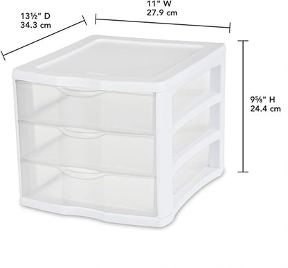 Sterilite ClearView Compact Stacking 3 Drawer Storage Organizer System for Crafting Supplies, Home Office, or Dorm Room, (16 Pack)