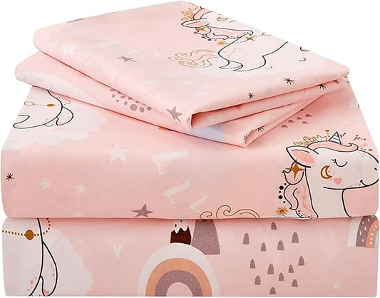 JSD Pink Unicorn Kids Sheet Set Full Size, 4 Piece Girls Rainbow Printed Microfiber Bed Sheets Deep Pocket