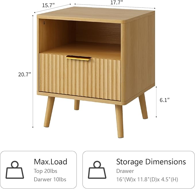 CARPETNAL Fluted Nightstand Set of 2, Oak Bedside Table with Drawer and Storage Shelf, Wood End Table Mid Century Night Stands for Bedroom Living Room