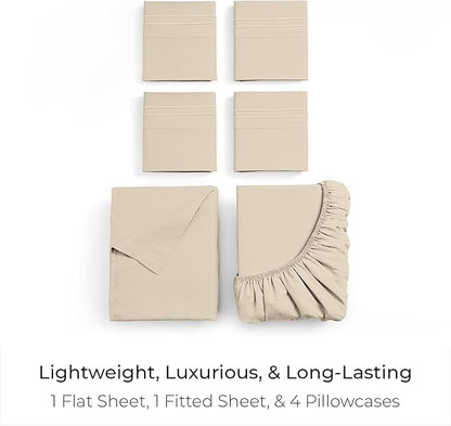 Mellanni Queen Sheet Set - 6-Piece Iconic Collection Bedding, (Including 4 Pillowcases), 16-Inch Deep Pocket, Easy Care, Extra Soft, Cooling Sheets, Brushed Microfiber - Beige