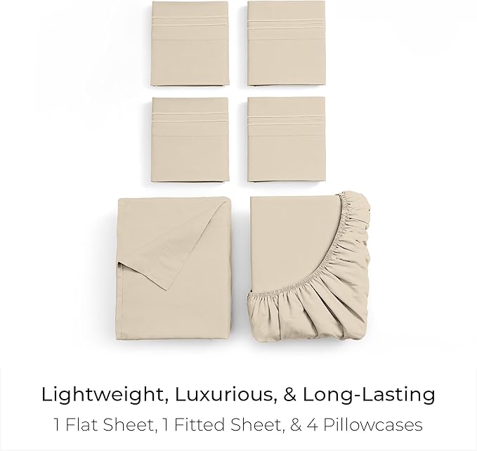 Mellanni California King Sheet Set - 6-Piece Iconic Collection Bedding, (Including 4 Pillowcases), 16-Inch Deep Pocket, Easy Care, Extra Soft, Cooling Sheets, Brushed Microfiber - Beige
