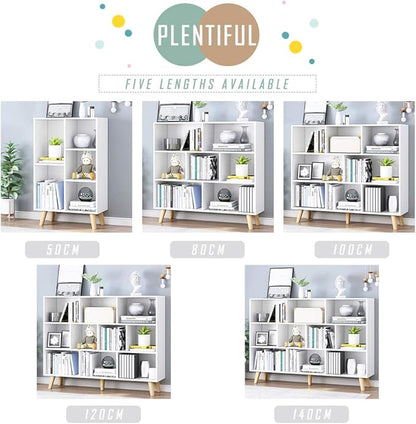 IOTXY Wooden Open Shelf Bookcase - 3-Tier Floorstanding Display Cabinet Rack with Legs, 7 Cubes Free Standing Bookshelf, Warm White