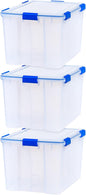 IRIS USA WeatherPro 74 Qt Storage Bins with Lids, 3 Pack, BPA-Free Plastic Gasket Box with Tight Latch and Seal, Stackable Nestable Tote Tub - Clear/Blue