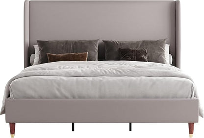 Jocisland Queen Upholstered Platform Bed Frame with 51.2" Tall Wingback Headboard–Solid Wood Legs, No Box Spring Needed, Light Grey Linen–Modern Style for Any Bedroom