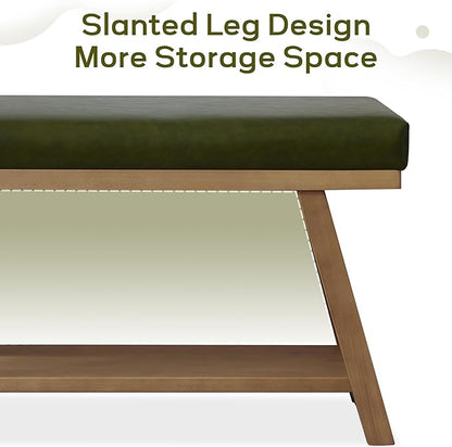 45" Entryway Bench Upholstered Storage Bench for Bedroom Shoe Rack Bench for Living Room, Hallway, Mudroom, Balcony, Sturdy Indoor Bench Seat Holds Up to 300 lbs (PU-Green)