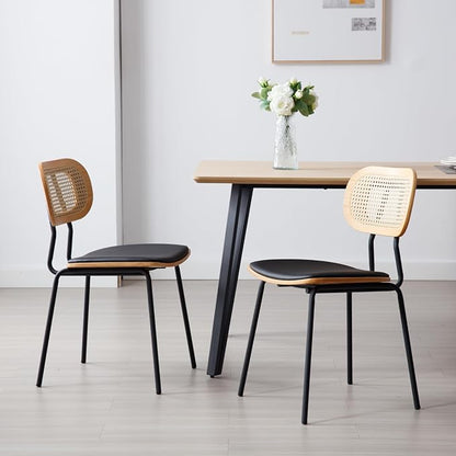 HEAH-YO Modern Dining Chairs Set of 2, Upholstered Faux Leather Rattan Dining Chairs with Backrests, Armless Dining Room Chairs for Kitchen, Black