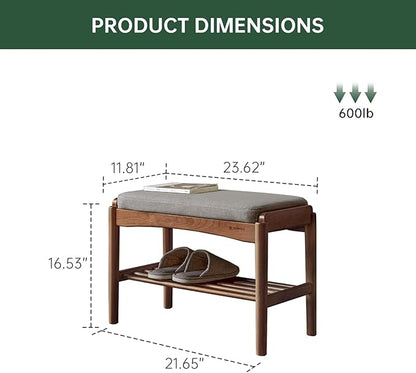 Solid Wood Shoe Bench, Shoe Rack Bench Assembled with Gray Cushion for Entryway, Hallway, Bedroom, Living Room, 11.8" x 23.6" x 16.5", Beech Wood, Walnut