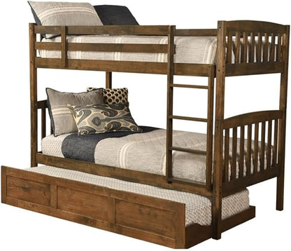 Kodiak Furniture Claire Wood Twin Over Twin Bunk Bed with Trundle Bed in Rustic Walnut Brown Finish - Mattresses Not Included