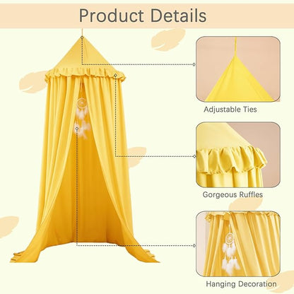 Akiky Kids Bed Canopy for Crib & Twin Size with Ruffles Dreamcatcher, Boys Princess Girls Nursery Room Decor Toddler Baby Dome Round Hanging Tent Curtains Skirt Over Bed Reading Nook Play Yellow
