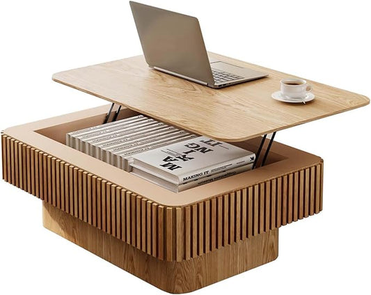 Lift Coffee Table with Storage & Adjustable Height, Solid Wood Coffee Table Fluted Center Table Accent Tea Table or Living Room, Apartment, Office (38.6" Natural)